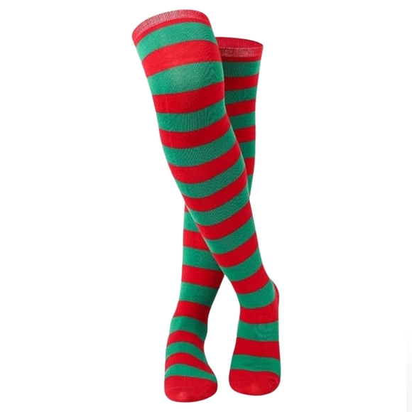 Over the Knee Christmas Striped Elf Socks Red and Green Stripes OTK Thigh High - Picture 3 of 9